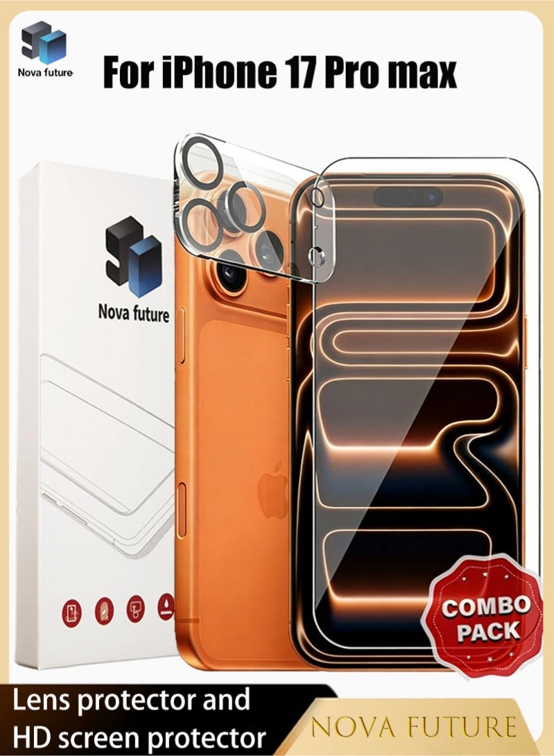 مستقبل نوفا تتضمن مجموعة الحماية 2+1 لهاتف Apple iPhone 17 Pro Max واقي عدسة الكاميرا المعدني [أبيض] + واقي شاشة من الزجاج المقوى للخصوصية [صلابة 9H، زاوية إشغال الشاشة 28 درجة] + واقي شاشة عالي الوضوح [نفاذية عالية للضوء، ملمس ناعم، مقاوم للكسر]. - Image 1